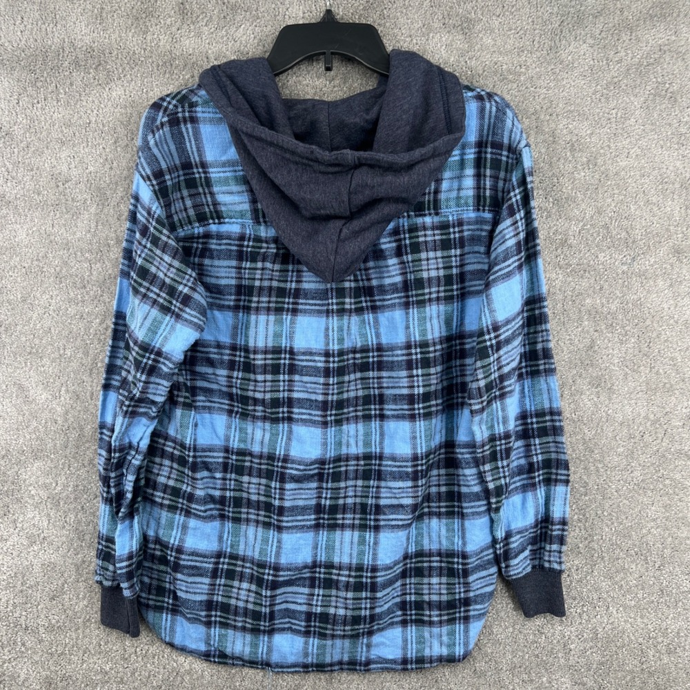 American Eagle Blue Plaid Hooded Flannel Shirt Button Size XS Grunge Skater - Picture 2 of 7